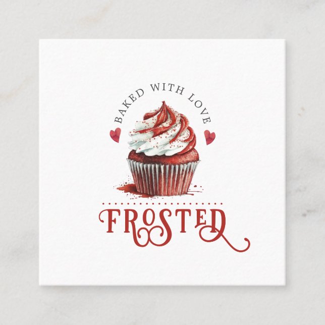 Carte De Visite Carré Rouge Velvet Baker Cupcake Logo Calligraphie Scrip (Devant)