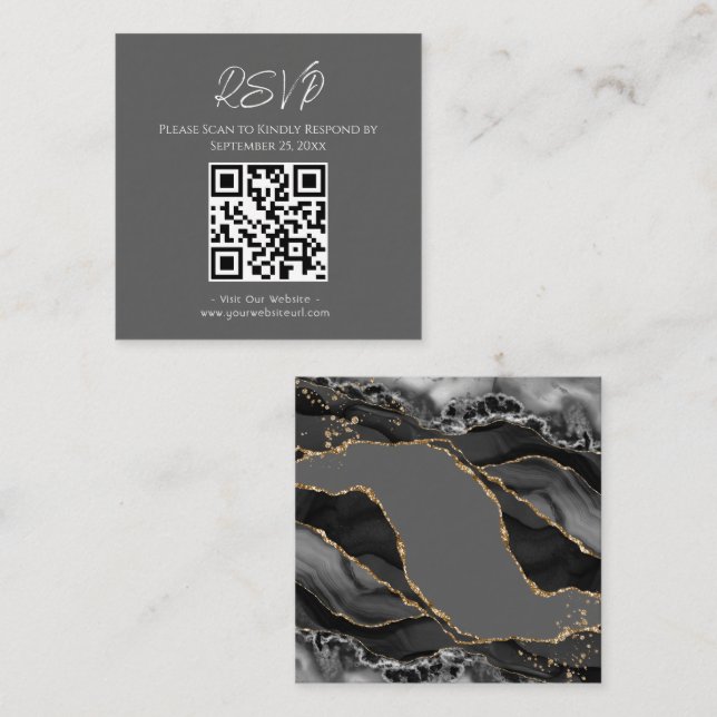 Carte De Visite Carré RSVP Site Web Black Agate Gold Parties scintillant (Devant / Derrière)