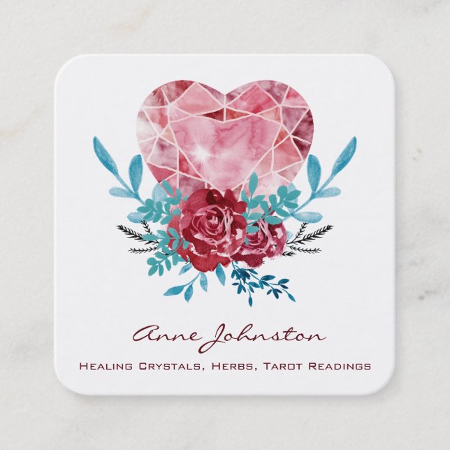 Carte De Visite Carré Ruby Heart Boho Floral Aquarelle (Devant)
