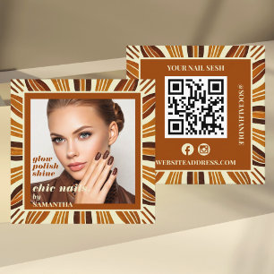 Carte De Visite Carré Rustic Nail Salon Business Photo Social & QR Code