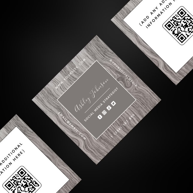 Carte De Visite Carré Rustic Wood Social Media Manager Qr Code Élégant (Créateur téléchargé)
