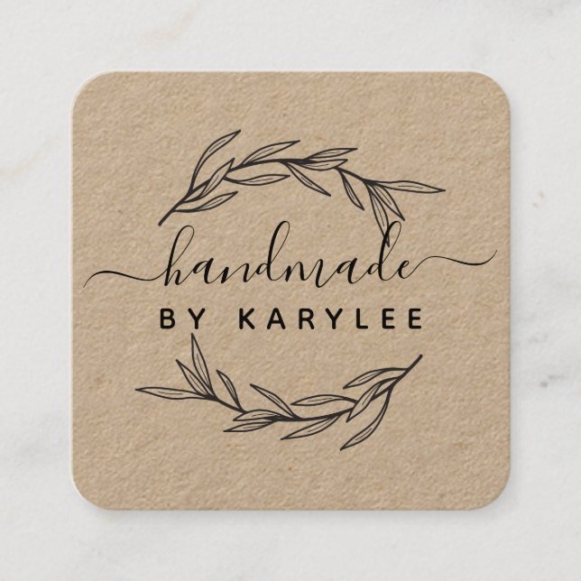 Carte De Visite Carré Rustique Feuille de laurier Script artisanal (Devant)