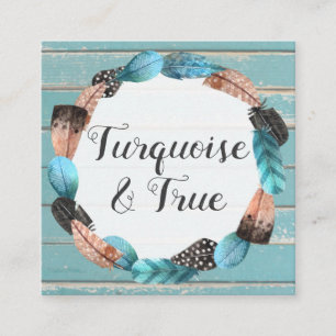 Carte De Visite Carré Rustique Turquoise Bois & Plumes Flèche Boho Chic