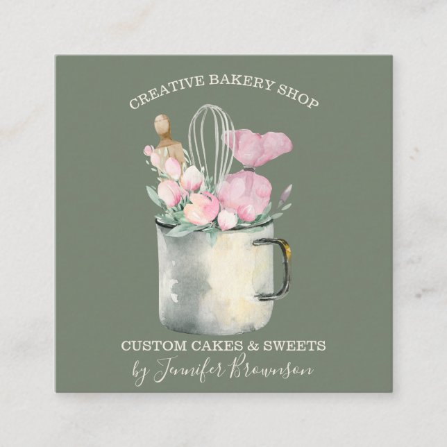Carte De Visite Carré Sage Green Pâtisserie Chef mug Boho chic Boulanger (Devant)