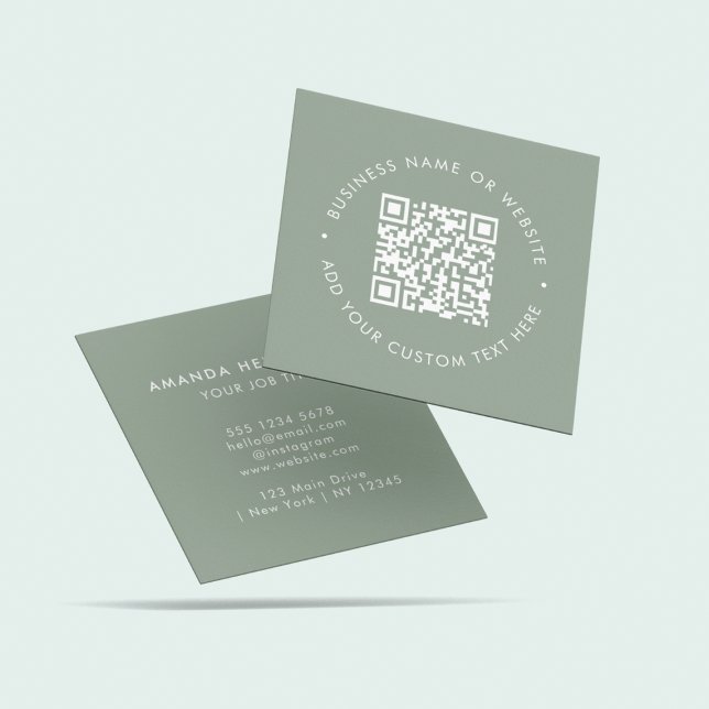 Carte De Visite Carré Sage Green QR Code l Professionnel Propre Élégant (Créateur téléchargé)
