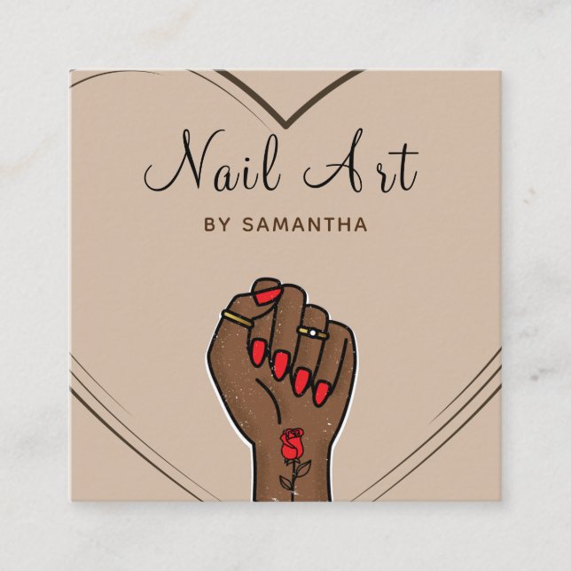 Carte De Visite Carré Salon d'Art Nail Boho Élégant Tirée Main & Coeur (Devant)
