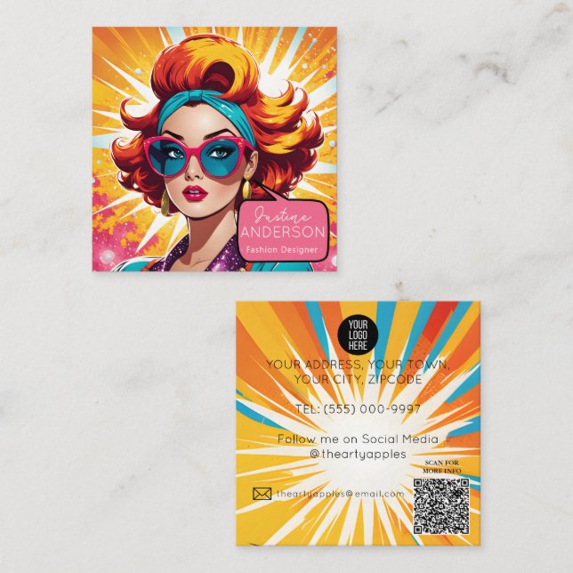 Carte De Visite Carré salon d'oeil Retro Pop Art Lady femme Wow (Devant / Derrière)