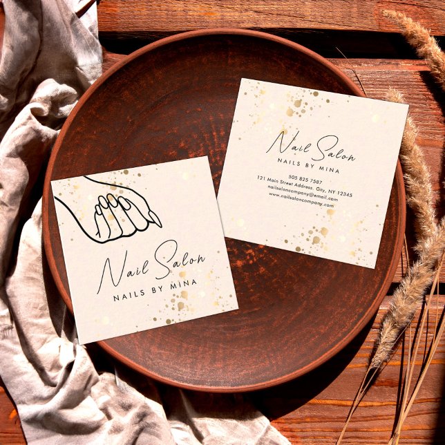 Carte De Visite Carré Salon Neutre Gold Spectres Main Nail (Créateur téléchargé)