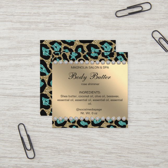 Carte De Visite Carré Salon Parties scintillant Leopard Turquoise (Devant/Arrière en situation)