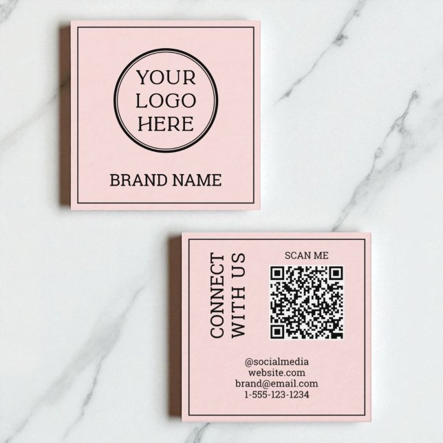 Carte De Visite Carré Scannable QR Code Modern Blush Pink Black Digital  (Scannable QR Code Modern Blush Pink Black Digital Square Business Card)