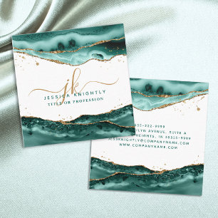Carte De Visite Carré Script Agate Turquoise Monogramme Parties scintill