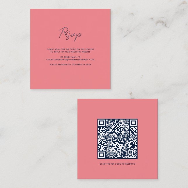 Carte De Visite Carré Script QR Code Mariage RSVP (Devant / Derrière)