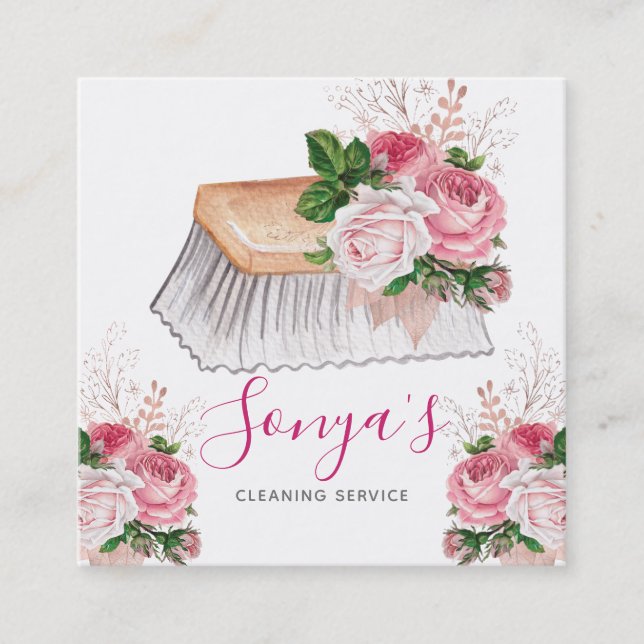 Carte De Visite Carré Service de nettoyage Pinceau d'aquarelle florale (Devant)