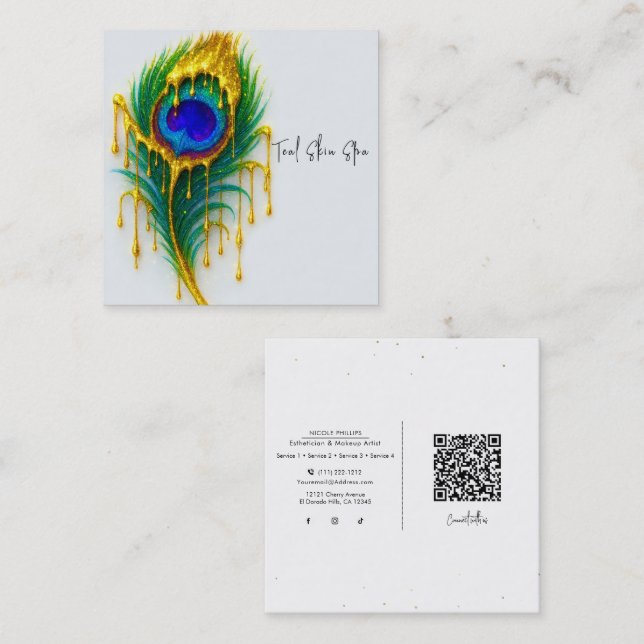 Carte De Visite Carré Shimmer Gold Drity Beauty Glam Peacock Feather (Devant / Derrière)