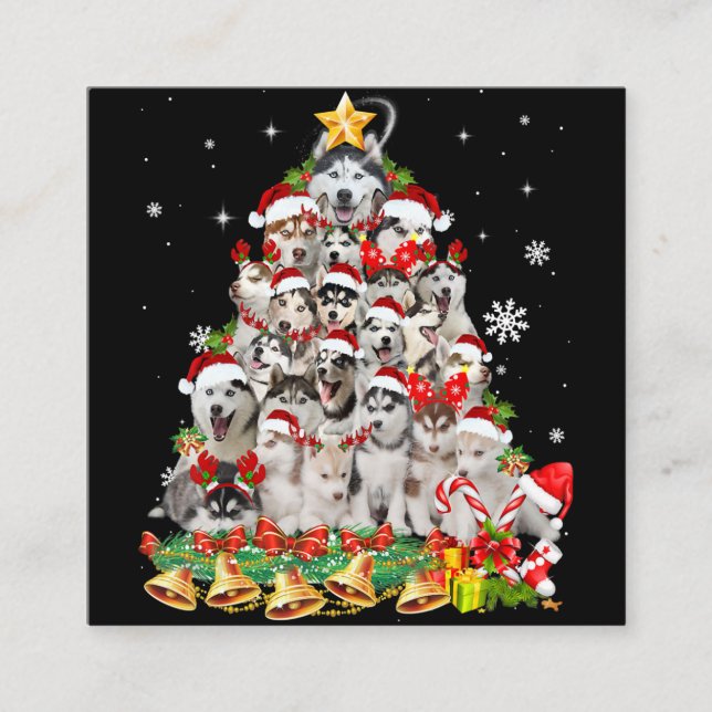 Carte De Visite Carré Siberian husky christmas tree lights dog (Devant)