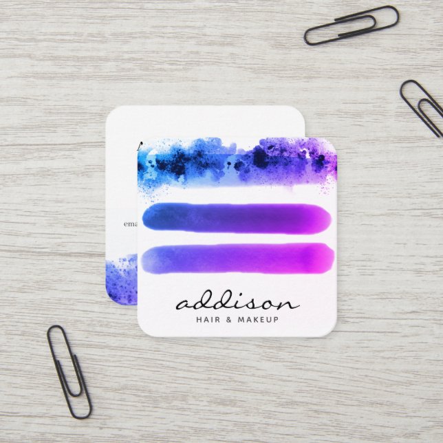 Carte De Visite Carré Signature Elégante Pink Purple Aquarelle Strokes (Devant/Arrière en situation)