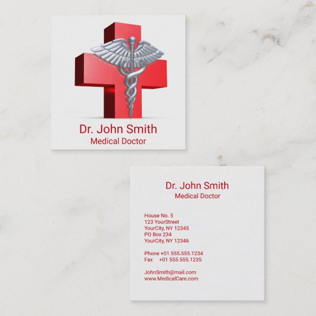 Carte De Visite Carré Silver 3D Médicale Caduceus Croix Rouge (Devant / Derrière)