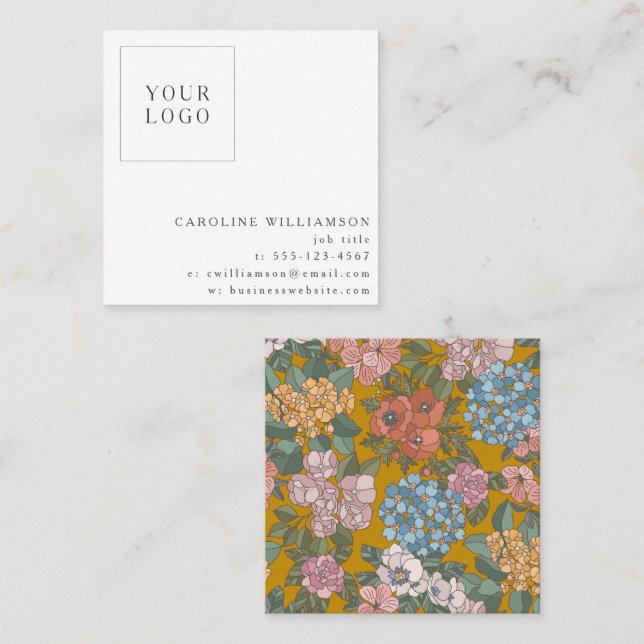 Carte De Visite Carré Simple Boho jaune floral logo Feminine (Devant / Derrière)