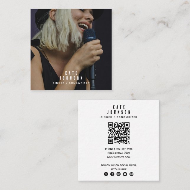 Carte De Visite Carré Simple chanteur musicien Photo Médias sociaux Code (Devant / Derrière)