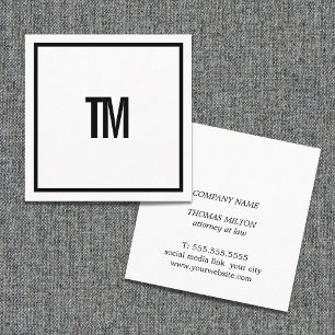 Carte De Visite Carré Simple Élégant Monogramme Blanc Noir Avocat