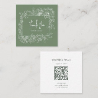 Carte De Visite Carré Simple Floral Feuille verte QR Code Merci