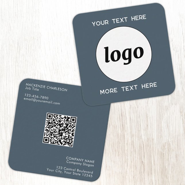 Carte De Visite Carré Simple Logo and Text QR Code Charcoal Gray (Simple logo with QR code custom text business branding promotional charcoal gray business card)