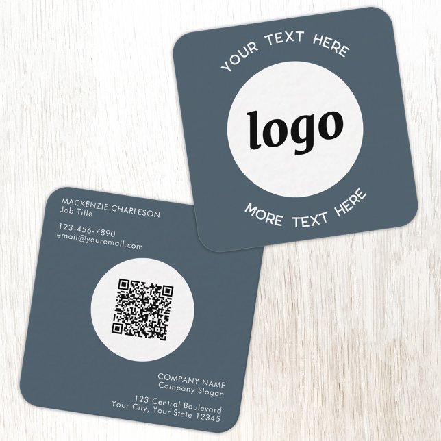 Carte De Visite Carré Simple Logo and Text QR Code Charcoal Gray (Simple logo with QR code custom text business branding promotional charcoal gray business card)