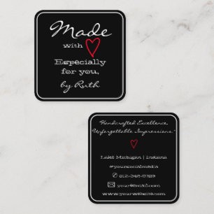 Carte De Visite Carré Simple minimaliste fait avec amour Rouge Coeur Noi