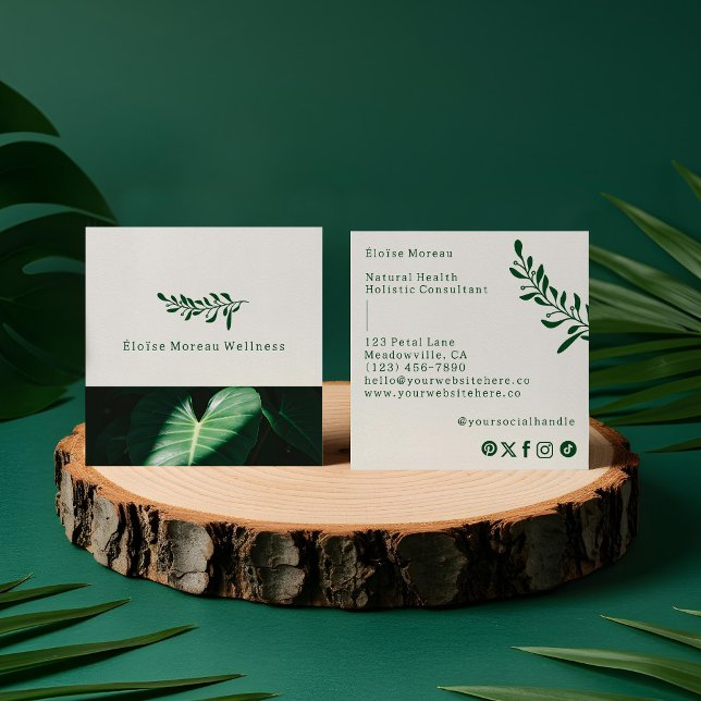 Carte De Visite Carré Simple moderne Feuille verte Botanique Spa Wellnes (Simple Modern Green Leaf Botanical Spa Wellness Square Business Card)