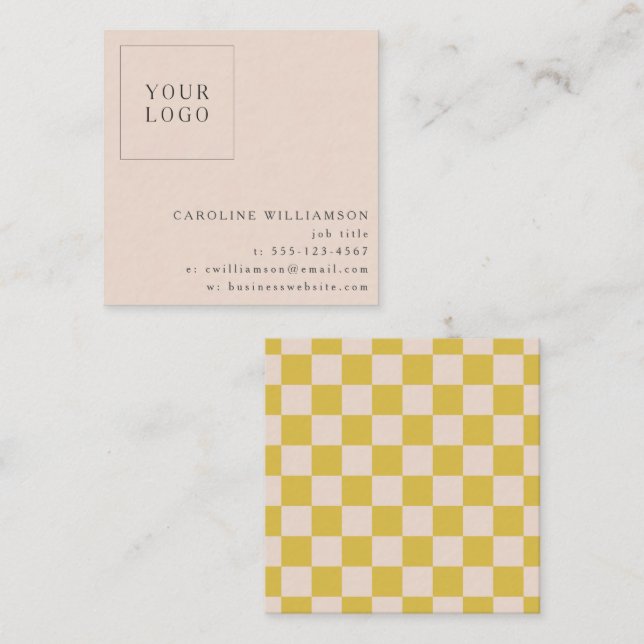 Carte De Visite Carré Simple moderne Jaune Checkerboard Votre logo perso (Devant / Derrière)