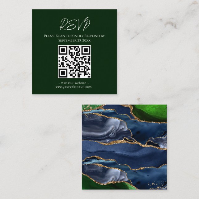 Carte De Visite Carré Site Web RSVP Agate bleu et vertMariage (Devant / Derrière)
