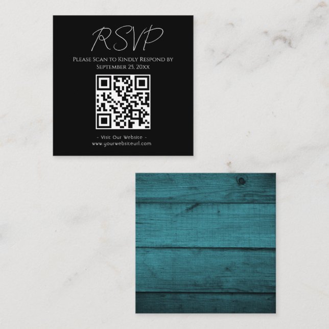 Carte De Visite Carré Site Web RSVP Mariage en bois bleu rustique (Devant / Derrière)