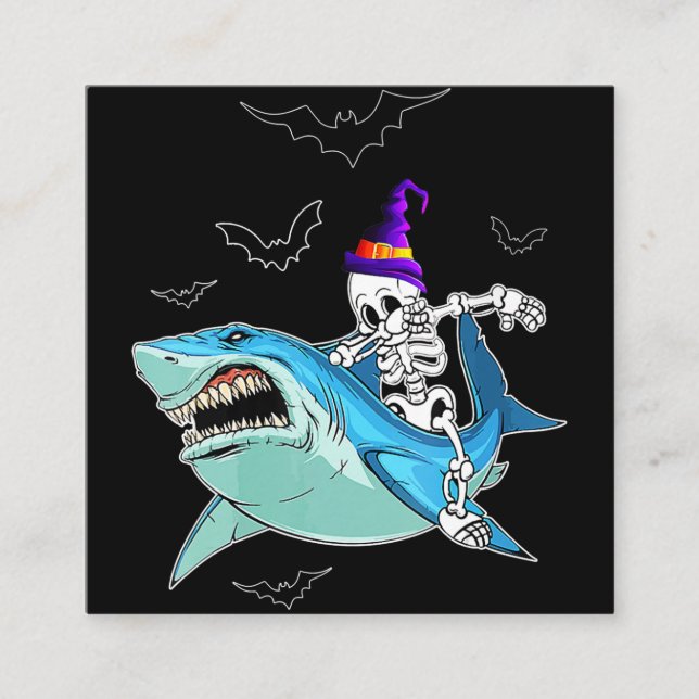 Carte De Visite Carré Skeleton équitation requin drôle - Crazy Halloween (Devant)