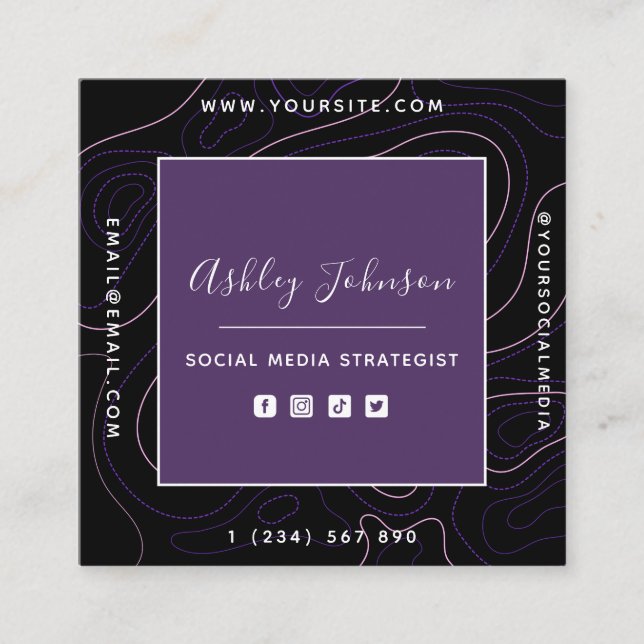 Carte De Visite Carré Social Media Manager QR Code Lignes Abstraites Vio (Devant)