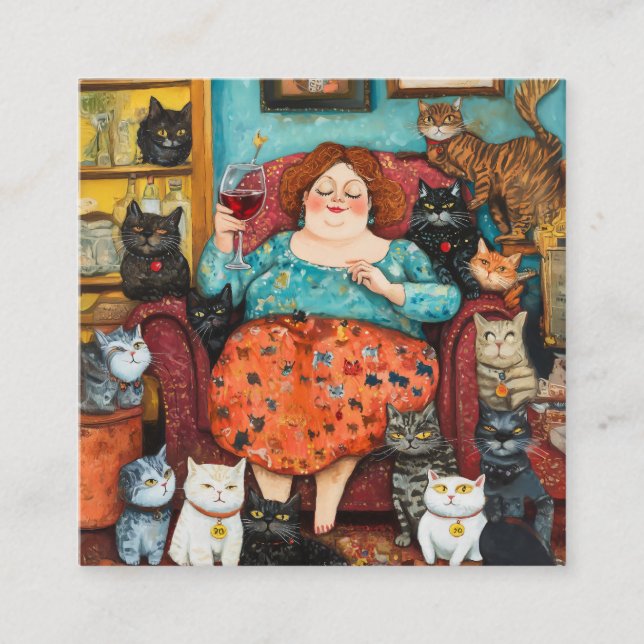 Carte De Visite Carré Soirée cosy avec dame sans chats (Devant)
