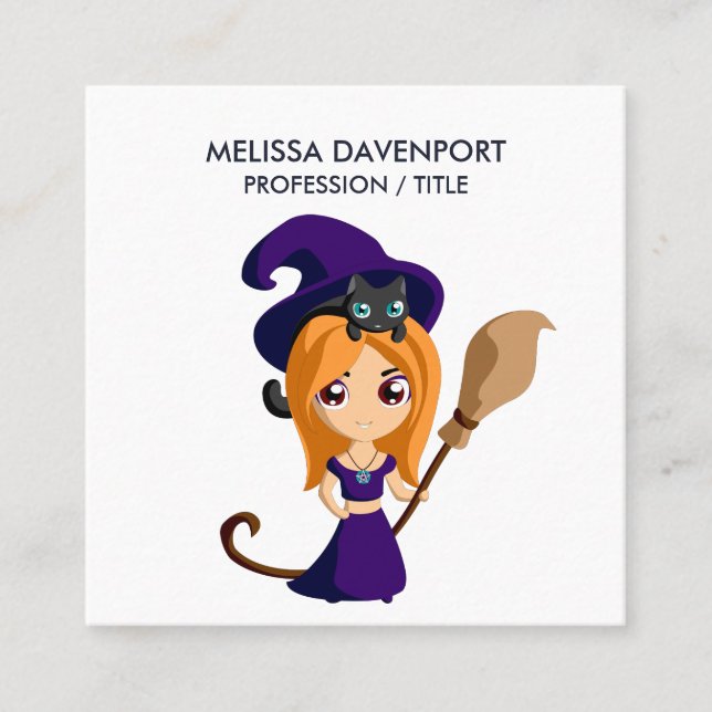 Carte De Visite Carré Sorcière mignonne en Casquette violet Halloween (Devant)
