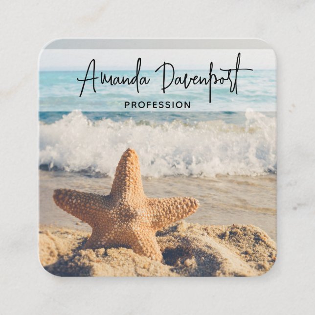Carte De Visite Carré Starfish sur une plage de sable Photo (Devant)
