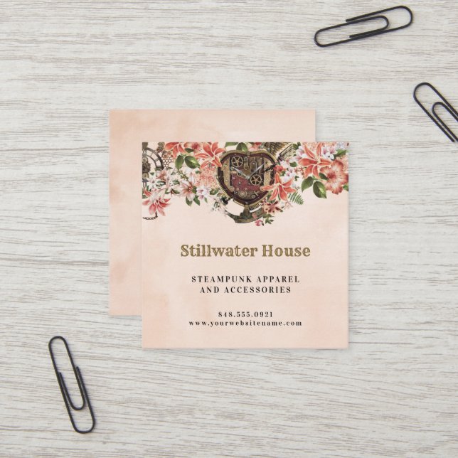 Carte De Visite Carré Steampunk floral (Devant/Arrière en situation)