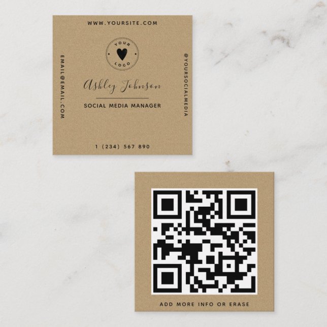 Carte De Visite Carré Style géométrique Papier Kraft QR Code Logo Simple (Devant / Derrière)