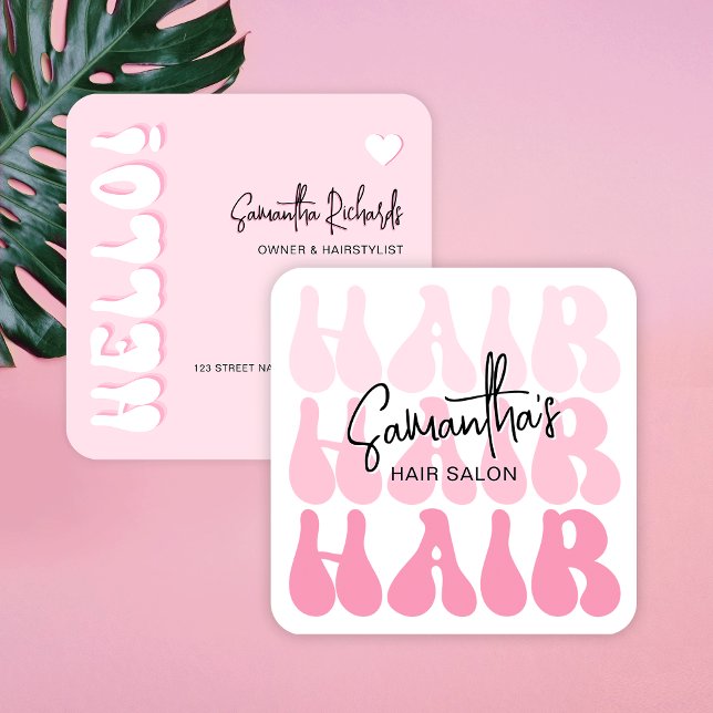 Carte De Visite Carré Styliste Retro tendance cheveux roses Salon Chic M (Trendy hair stylist business cards with retro fonts and modern pink aesthetic)