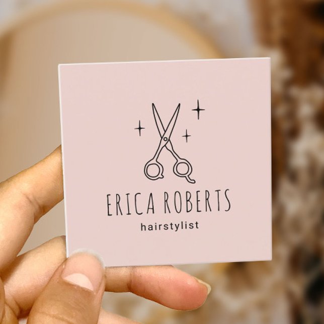 Carte De Visite Carré Stylo Cheveux Belle Ciseau Minimaliste Rose Bleu (Créateur téléchargé)