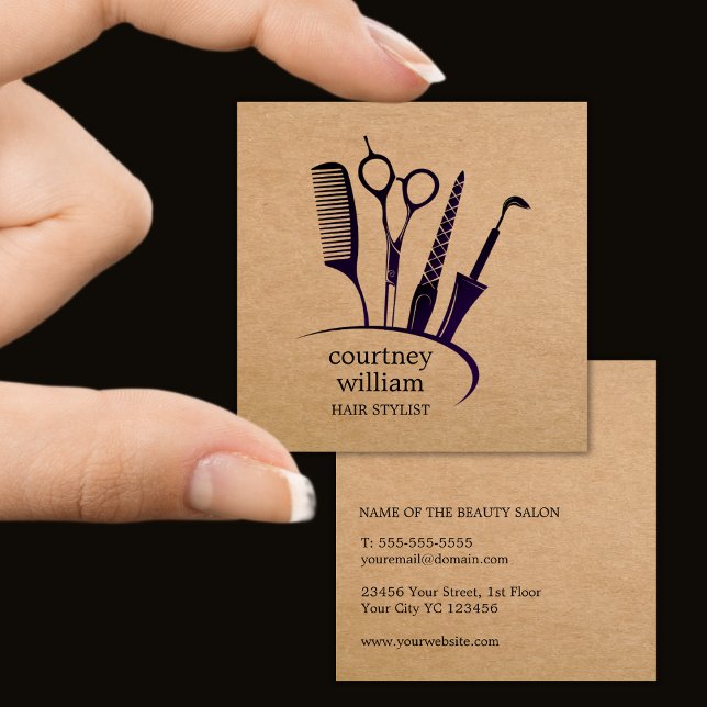 Carte De Visite Carré Stylo Kraft moderne (Modern Kraft Black Hair Stylist Square Business Card)