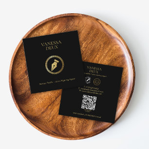 Carte De Visite Carré Stylo Noir & Or Noyer moderne Stylo QR Logo Élégan