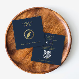 Carte De Visite Carré Stylo Notaire Marine & Or moderne QR Logo Élégant