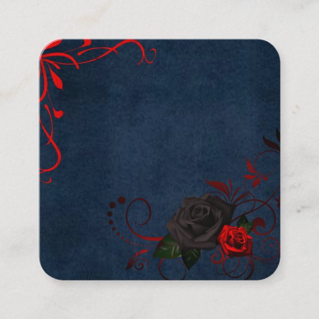 Carte De Visite Carré Suède bleu avec roses noires et rouges, défilement (Devant)