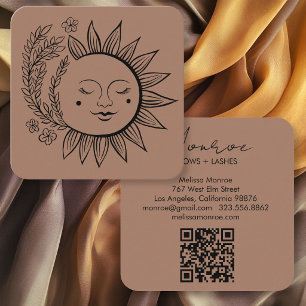 Carte De Visite Carré Sun Floral Boho Dessin au Trait Élégant QR Code Mo
