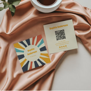 Carte De Visite Carré Sunburst coloré rétro avec code QR - Élégant