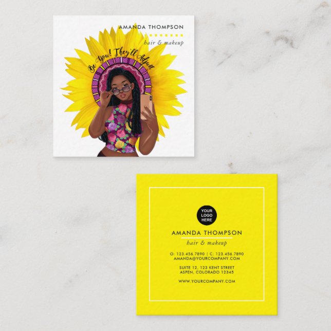 Carte De Visite Carré Sunflower Black Woman Beauté Mode (Devant / Derrière)