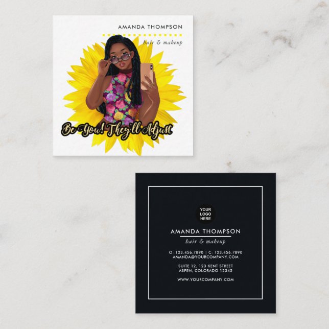 Carte De Visite Carré Sunflower Black Woman Beauté Mode Carré Busine (Devant / Derrière)