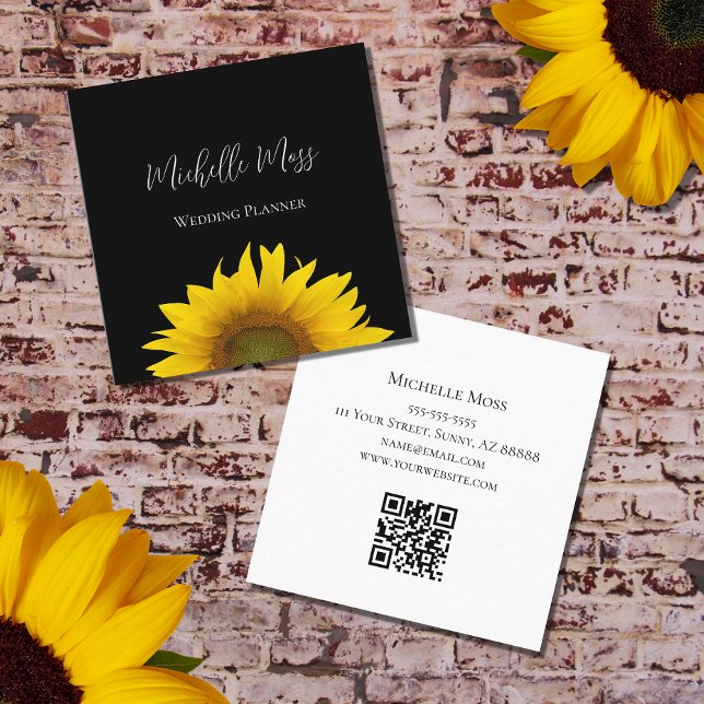 Carte De Visite Carré Sunflower jaune QR code moderne Noir (Créateur téléchargé)